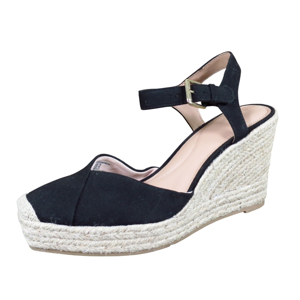 Time and Tru Women Espadrille Wedge Sandals Size 10 Summer Black Canvas Jute
